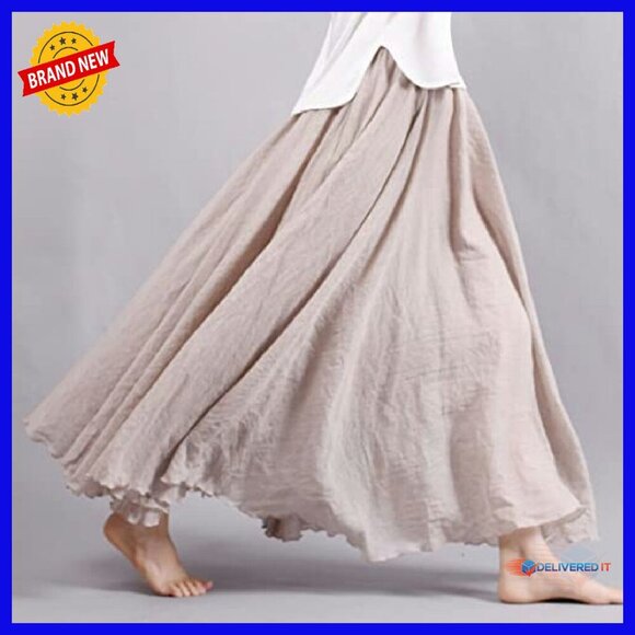 Cotton Linen Maxi Skirt Elastic Waist Bohemian Style Long Dress - Picture 3 of 7